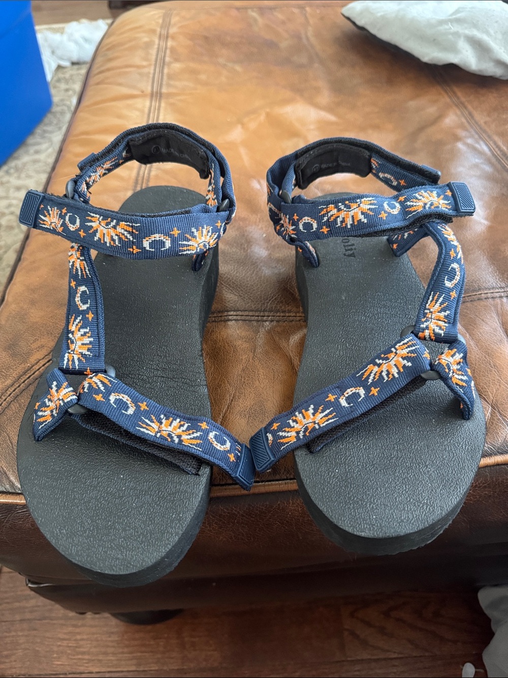 Navy Sandals with Orange and White Embroidered Sun Motif